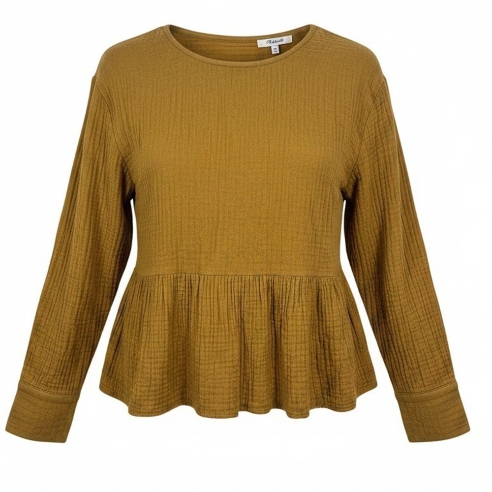 Madewell Double Gauze Peplum Mustard Yellow Button Back Blouse XXS Long Sleeve